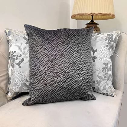 GOODVIBES Silver Grey Damask/Self Design/Woven Floral Motifs Zipper Square Combo Cushion Covers (24x24 inch or 60 x 60 cm) Set of 3