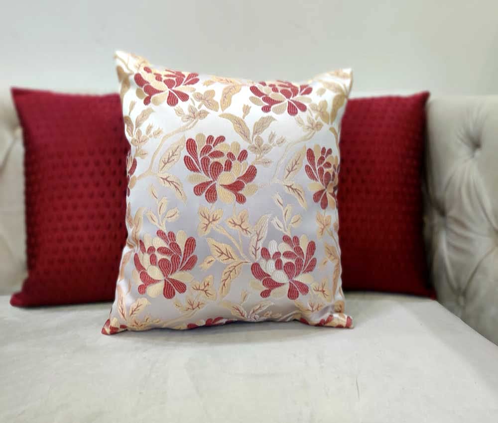 Maroon Red White Damask / Self Design / Woven Floral Motifs Zipper Square Combo Cushion Covers (12x12 inch or 30 x 30 cm) Set of 3
