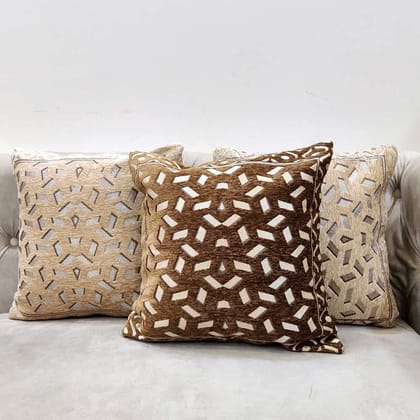 Beige Brown Combo Damask Geometric Woven Zipper Square Cushion Covers (16x16 inch or 40 x 40 cm) Set of 3