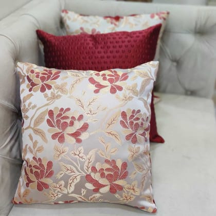 Red Maroon White Damask / Self Design / Woven Floral Motifs Zipper Square Combo Cushion Covers (12x12 inch or 30 x 30 cm) Set of 3