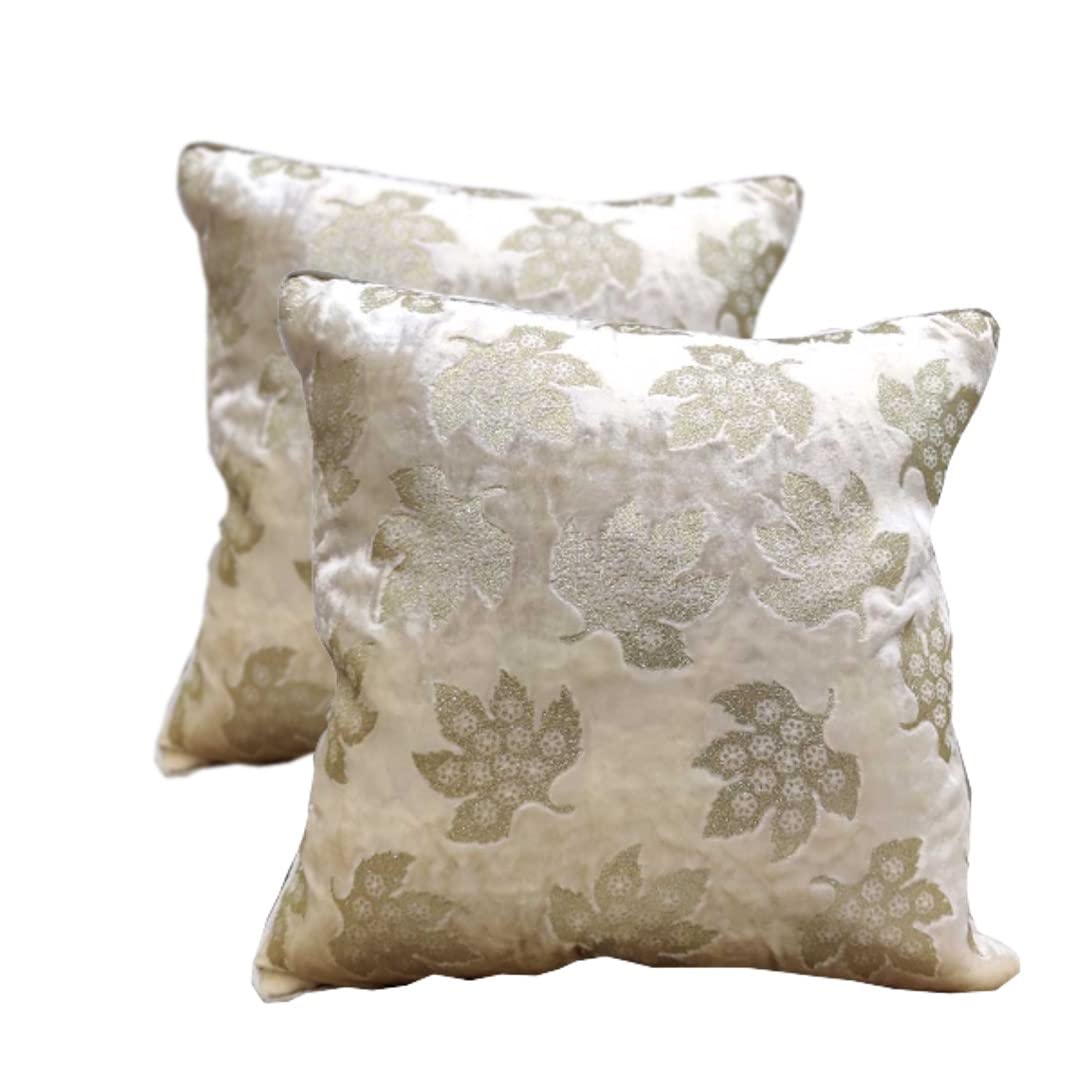 GOODVIBES Cream Ivory Cushion Cover with Leaf Embroidered Stitched Zippered Velvet Cushion Cover (Off White ) | 24X24 Inches | 60cm * 60 cm I Set of 2|