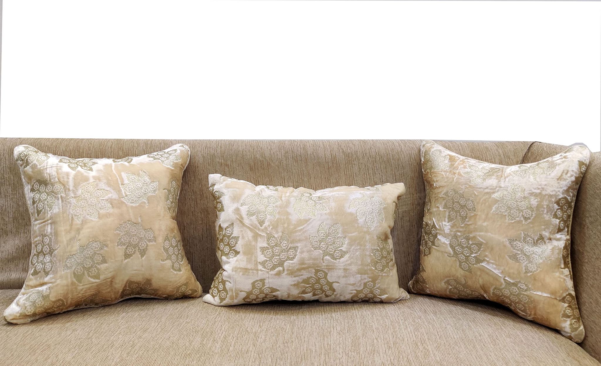 Ivory Golden Cushion Cover with Leaf Embroidered Stitched Zippered Velvet Combo Cushion Cover (16x16 inch and 30 x 45 cm) Set of 3