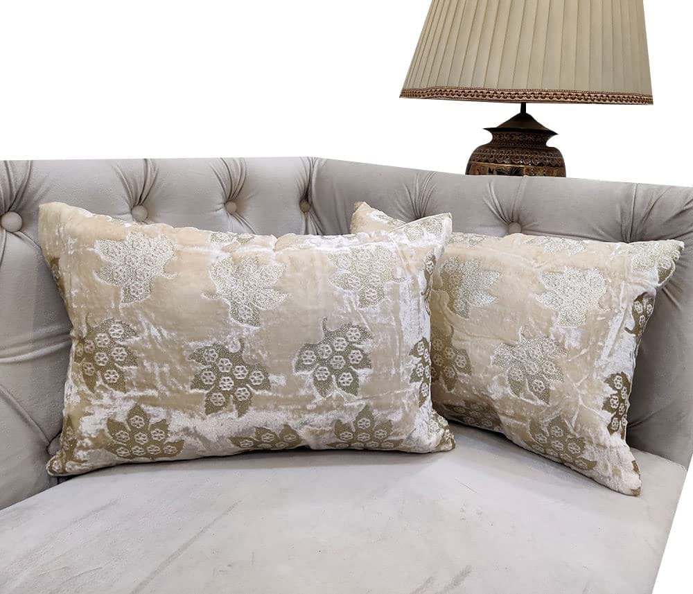 Ivory Golden Cushion Cover with Leaf Embroidered Stitched Zippered Velvet Combo Cushion Cover (12x18 inch or 30 x 45 cm) Set of 2