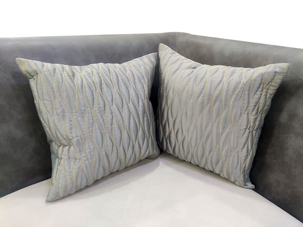 Grey Silver Set of 2 Quilted Zari Square Cushion Covers for Sofa Home Bedroom (16x16 inch or 40 x 40 cm)