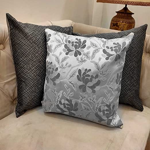 GOODVIBES White Silver Grey Damask Self Design Woven Floral Motifs Zipper Square Combo Cushion Covers 24x24 inch or 60 x 60 cm Set of 3