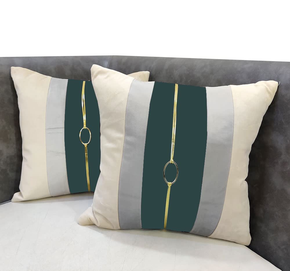 Green Beige Gold Leather Buckle Striped Patchwork Velvet Cushion Case Luxury Modern Throw Pillow Cover Decorative Pillow for Couch Living Room Bedroom Car| 16X16 Inches | 40cm * 40 cm I Set of 2|