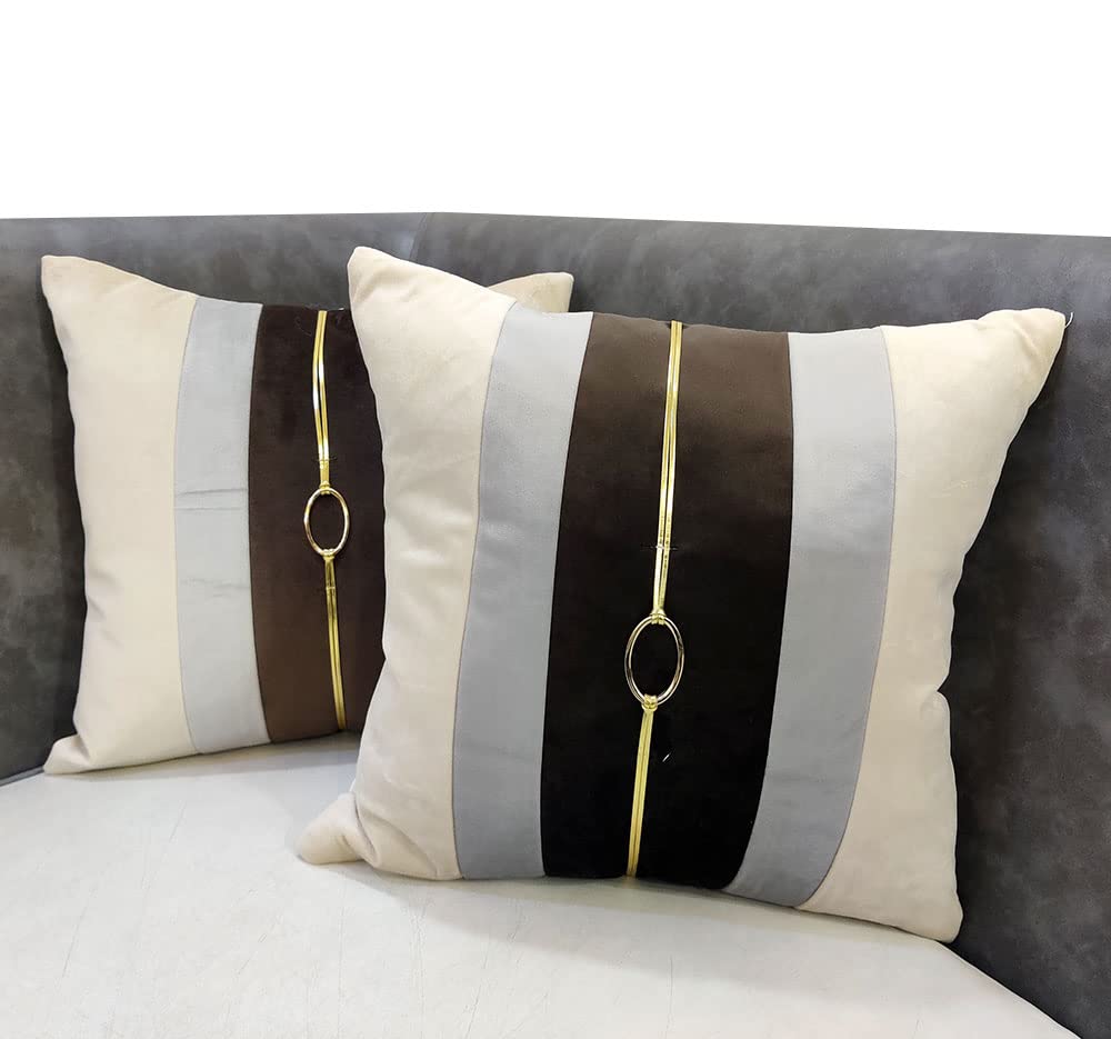 GOODVIBES Brown Beige Gold Leather Striped Buckle Velvet Cushion Case Luxury Modern Throw Pillow Cover Decorative Pillow for Couch Living Room Bedroom Car| 16X16 Inches | 40cm * 40 cm I Set of 2|