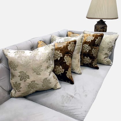 GOODVIBES Brown Ivory Cushion Cover with Leaf Zari Embroidered Stitched Zippered Velvet Combo Cushion Cover (Off White ) | 24X24 Inches | 60cm * 60 cm I Set of 5|