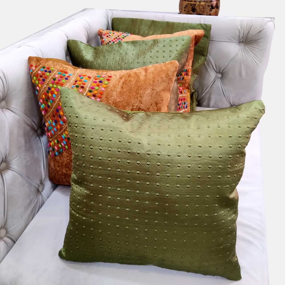 Suede Brown Multicolor Green Set of 5 Ethnic Beaded Embroidered Square Combo Cushion Covers for Sofa Home Bedroom (16x16 inch or 40 x 40 cm)