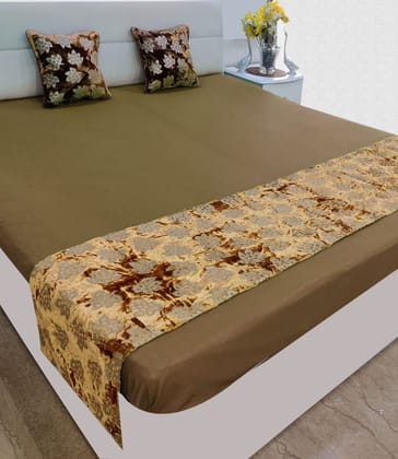 Bed Runner with 2 Cushion Cover Decorative Velvet Scarf for Bedroom Hotel Wedding Home Living Room 18x86 in, 16x16 in. (Brown- Gold)