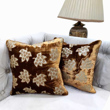 GOODVIBES Brown Golden Cushion Cover with Leaf Zari Embroidered Stitched Zippered Velvet Combo Cushion Cover | 16X16 Inches | 40cm * 40 cm I Set of 2|