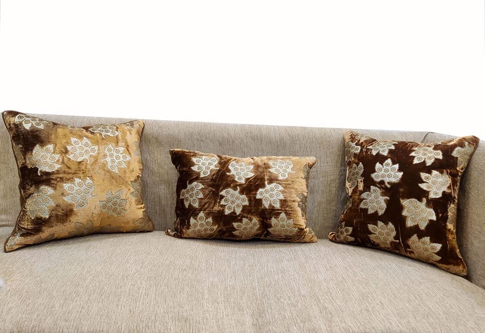 Brown Golden Cushion Cover with Leaf Embroidered Stitched Zippered Velvet Combo Cushion Cover (16x16 inch and 30 x 45 cm) Set of 3