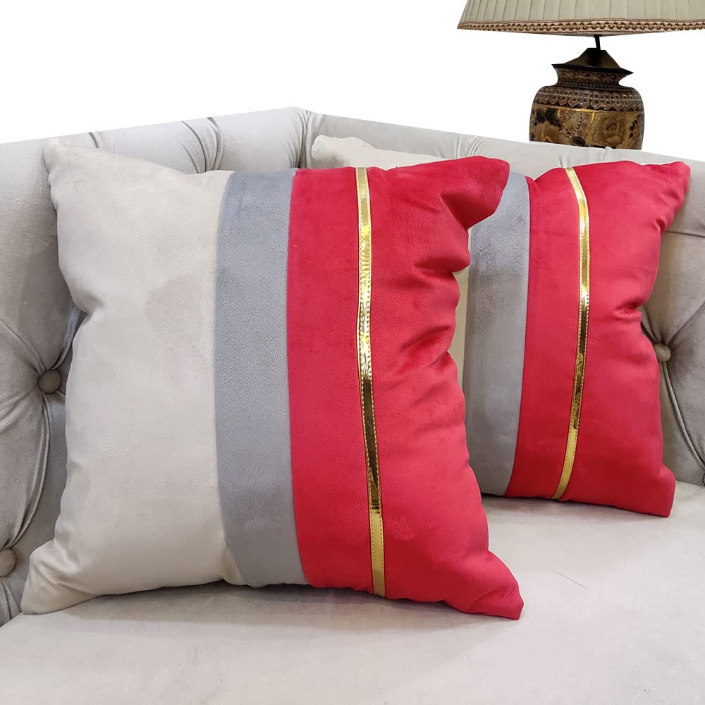 GOODVIBES Pink Beige Gold Leather Striped Patchwork Velvet Cushion Case Luxury Modern Throw Pillow Cover Decorative Pillow for Couch Living Room Bedroom Car| 16X16 Inches | 40cm * 40 cm I Set of 2|