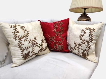 Cream Maroon Set of 3 Ethnic Beaded Embroidered Square Cushion Covers for Sofa Home Bedroom (24x24 inch or 60 x 60 cm)