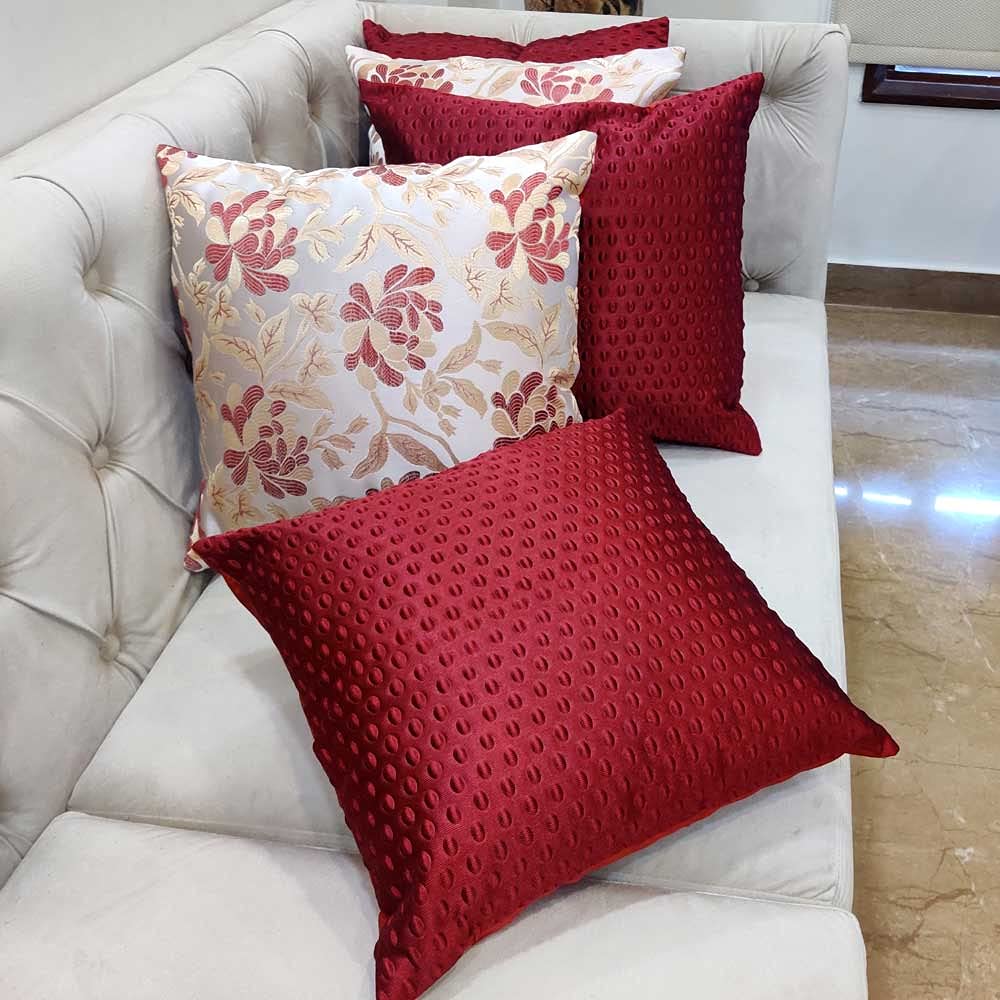 GOODVIBES Maroon White Damask/Self Design/Woven Motifs Floral Zipper Square Combo Cushion Covers (16x16 inch or 40 x 40 cm) Set of 5