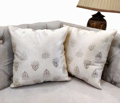 GOODVIBES Polyester Silver Floral Foil Printed Cream Square Cushion Covers Set of 2 (40 cm*40cm, 16 x 16 inch) Pack of 2