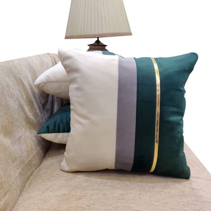 GOODVIBES Green Beige Gold Leather Striped Patchwork Velvet Cushion Case Luxury Modern Throw Pillow Cover Decorative Pillow for Couch Living Room Bedroom Car| 16X16 Inches | 40cm * 40 cm I Set of 3|