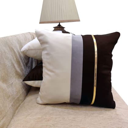 GOODVIBES Brown Beige Gold Leather Striped Patchwork Velvet Cushion Case Luxury Modern Throw Pillow Cover Decorative Pillow for Couch Living Room Bedroom Car| 16X16 Inches | 40cm * 40 cm I Set of 3|