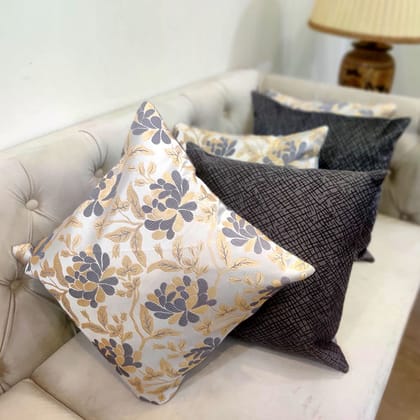 GOODVIBES Grey White Damask/Self Design/Woven Motifs Floral Zipper Square Combo Cushion Covers (16x16 inch or 40 x 40 cm) Set of 5