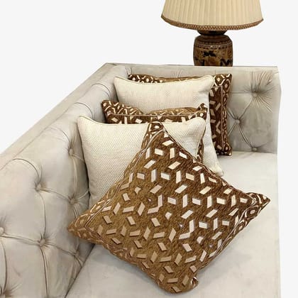 Cream Brown Damask Geometric Woven Zipper Square Combo Set Cushion Covers (16x16 inch or 40 x 40 cm) Set of 5