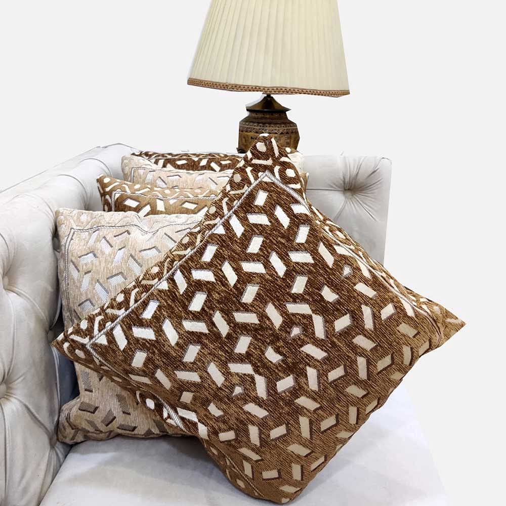 Beige Brown Combo Damask Geometric Woven Zipper Square Cushion Covers (16x16 inch or 40 x 40 cm) Set of 5