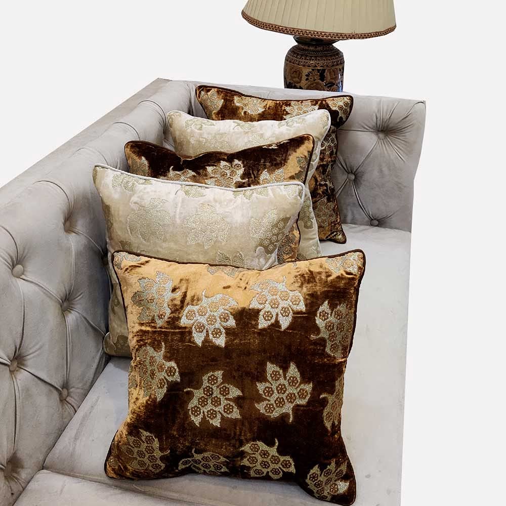 GOODVIBES Brown Cream Ivory Velvet with Leaf Embroidered Stitched Zippered Velvet Cushion Cover| 12X12 Inches | 30cm * 30 cm I Set of 5|