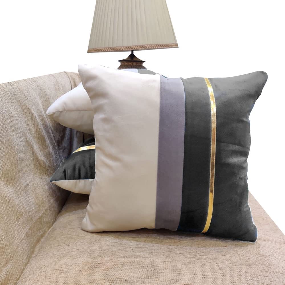 GOODVIBES Grey Beige Gold Leather Striped Patchwork Velvet Cushion Cover Luxury Modern Throw Pillow Cover Decorative Pillow for Couch Living Room Bedroom Car| 16X16 Inches | 40cm * 40 cm I Set of 3|