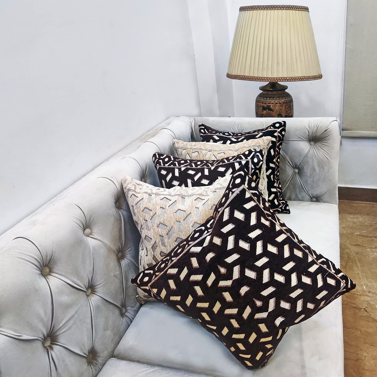 Beige Black Damask Geometric Woven Zipper Square Cushion Covers (16x16 inch or 40 x 40 cm) Set of 5