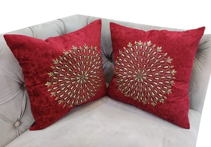 Suede Maroon Set of 2 Ethnic Beaded Embroidered Square Combo Cushion Covers for Sofa Home Bedroom (16x16 inch or 40 x 40 cm)