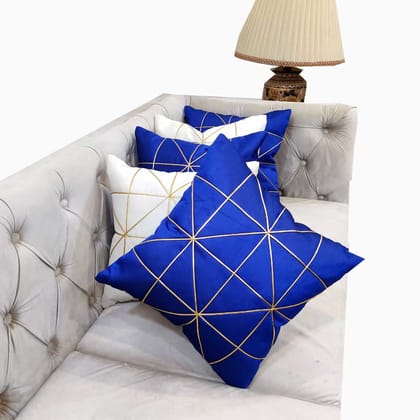 White Blue Combo Gold Leather Striped Patchwork Cushion Case Luxury Modern Throw Pillow Cover Decorative Pillow for Couch Living Room Bedroom Patches Cushion Cover (16X16 Inches, 40 cms*40 cms) - Pack of 5