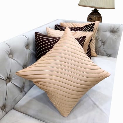 Beige & Brown Striped Set of 5 Ethnic Motifs Embroidered Zipper Square Combo Set Cushion Covers (16x16 inch or 40 x 40 cm)