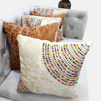Suede Cream Off White Multicolor Brown Tan Set of 5 Ethnic Beaded Embroidered Square Combo Cushion Covers for Sofa Home Bedroom (16x16 inch or 40 x 40 cm)