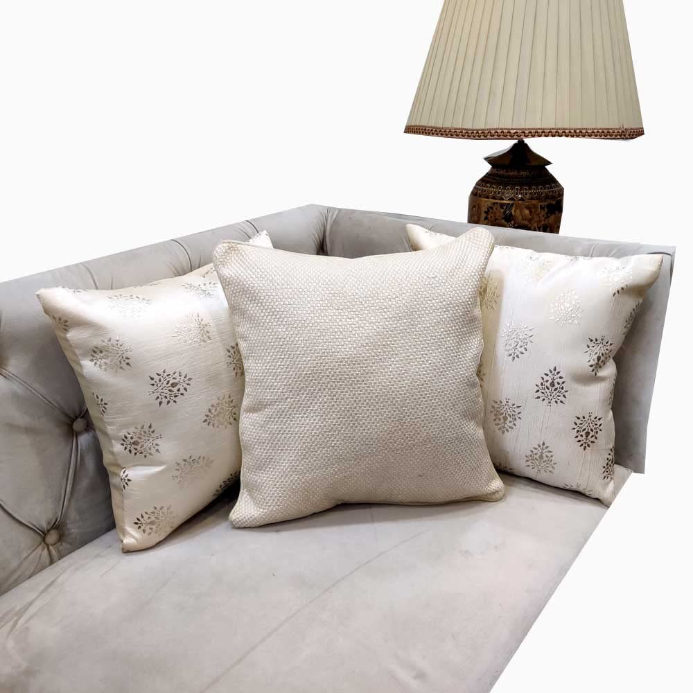 Polyester Cream Silver Floral Foil Printed Combo Square Cushion Covers (40 cm*40cm, 16 x 16 inch) Pack of 3