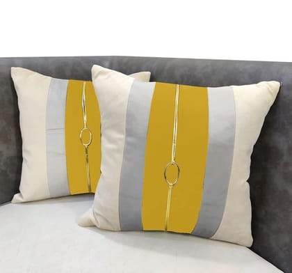 Yellow Beige Buckle Leather Striped Patchwork Velvet Cushion Case Luxury Modern Throw Pillow Cover Decorative Pillow for Couch Living Room Bedroom Car| 16X16 Inches | 40cm * 40 cm I Set of 2|