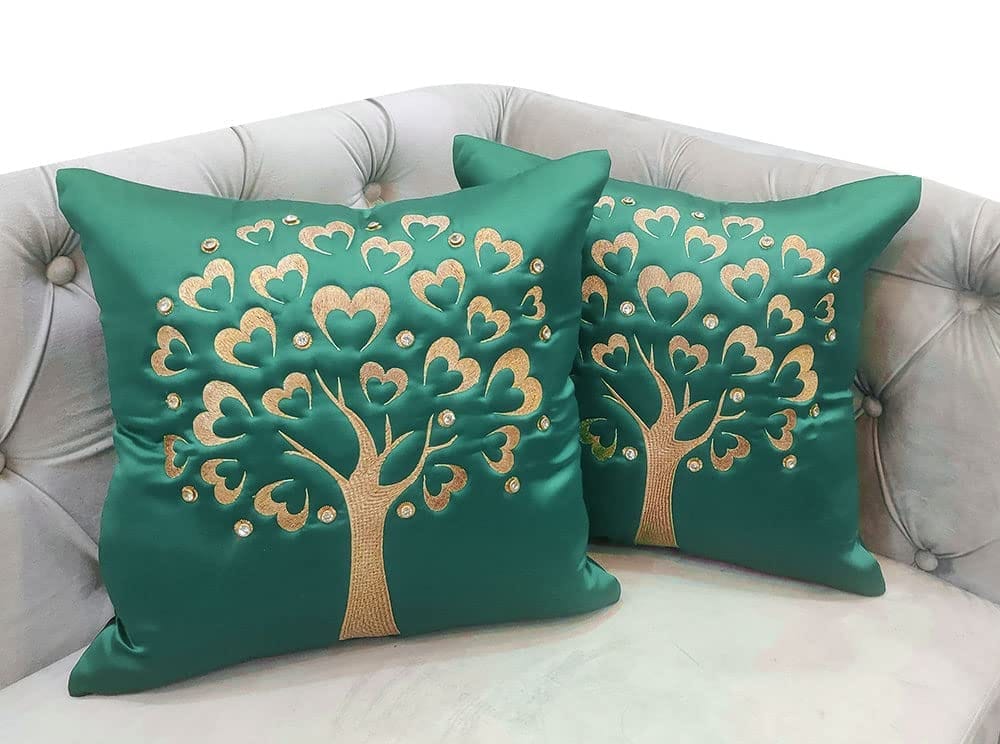 GOODVIBES Teal Blue Green Gold Embroidered Velvet Cushion Case Luxury Modern Throw Pillow Cover Decorative Pillow for Couch Living Room Bedroom Car| 16X16 Inches | 40cm * 40 cm I Set of 2|
