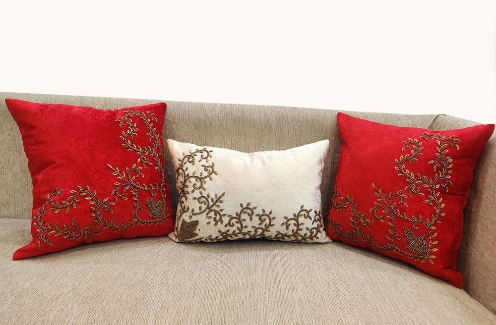 Red Maroon Cream Set of 3 Ethnic Beaded Embroidered Square Cushion Covers Combo for Sofa Home Bedroom