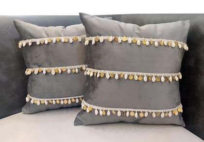 GOODVIBES 16X16 Inches Grey Velvet Shellwork Square Cushion Cover with Lace for Décor Sofa Couch Living Room Bedroom Farm House Indoor Outdoor | 40cm * 40 cm I Set of 2|