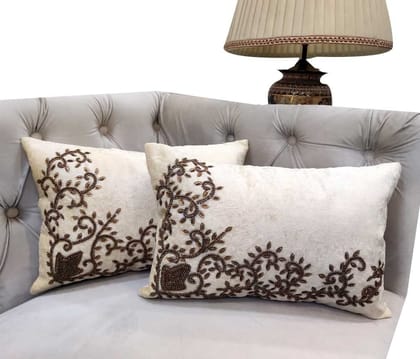 Cream Set of 2 Ethnic Beaded Embroidered Rectangle Cushion Covers for Sofa Home Bedroom (12x18 inch)
