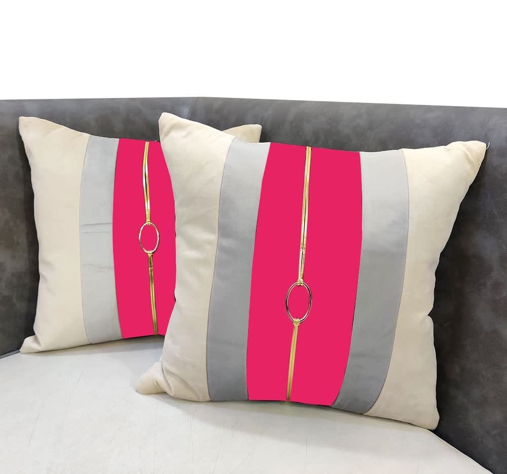 Pink Beige Gold Leather Striped Buckle Patchwork Velvet Cushion Case Luxury Modern Throw Pillow Cover Decorative Pillow for Couch Living Room Bedroom Car| 16X16 Inches | 40cm * 40 cm I Set of 2|