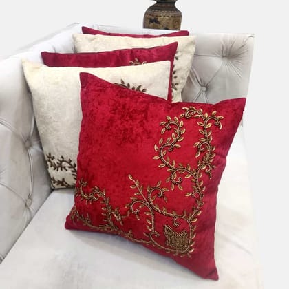 Cream Red Set of 5 Ethnic Beaded Embroidered Square Cushion Covers for Sofa Home Bedroom (16x16 inch or 40 x 40 cm)