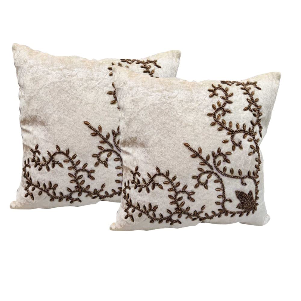 Suede White/ Cream Set of 2 Ethnic Beaded Embroidered Square Combo Cushion Covers for Sofa Home Bedroom (24x24 inch or 60 x 60 cm)