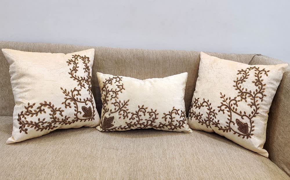 Cream Set of 3 Ethnic Beaded Embroidered Square Cushion Covers Combo for Sofa Home Bedroom