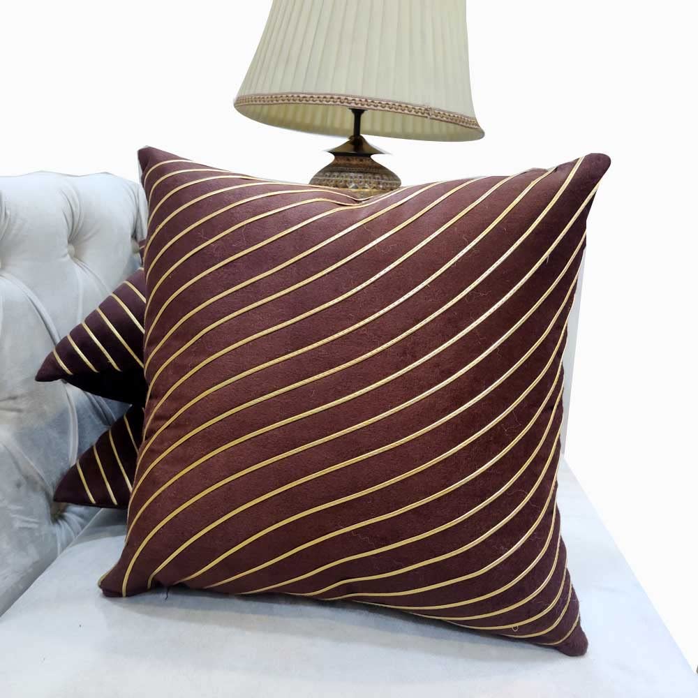 Brown Striped Set of 3 Ethnic Motifs Embroidered Zipper Square Cushion Covers (16x16 inch or 40 x 40 cm)