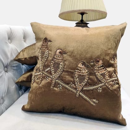 Suede Bronze Brown Set of 3 Ethnic Beaded Embroidered Square Combo Cushion Covers for Sofa Home Bedroom (16x16 inch or 40 x 40 cm)