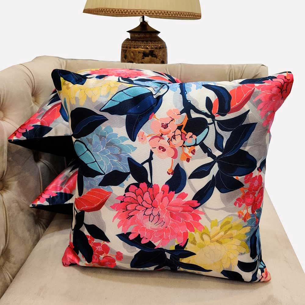 Blue Printed Cushion Covers Floral Zipper Square (16x16 inch or 40 x 40 cm) Set of 3