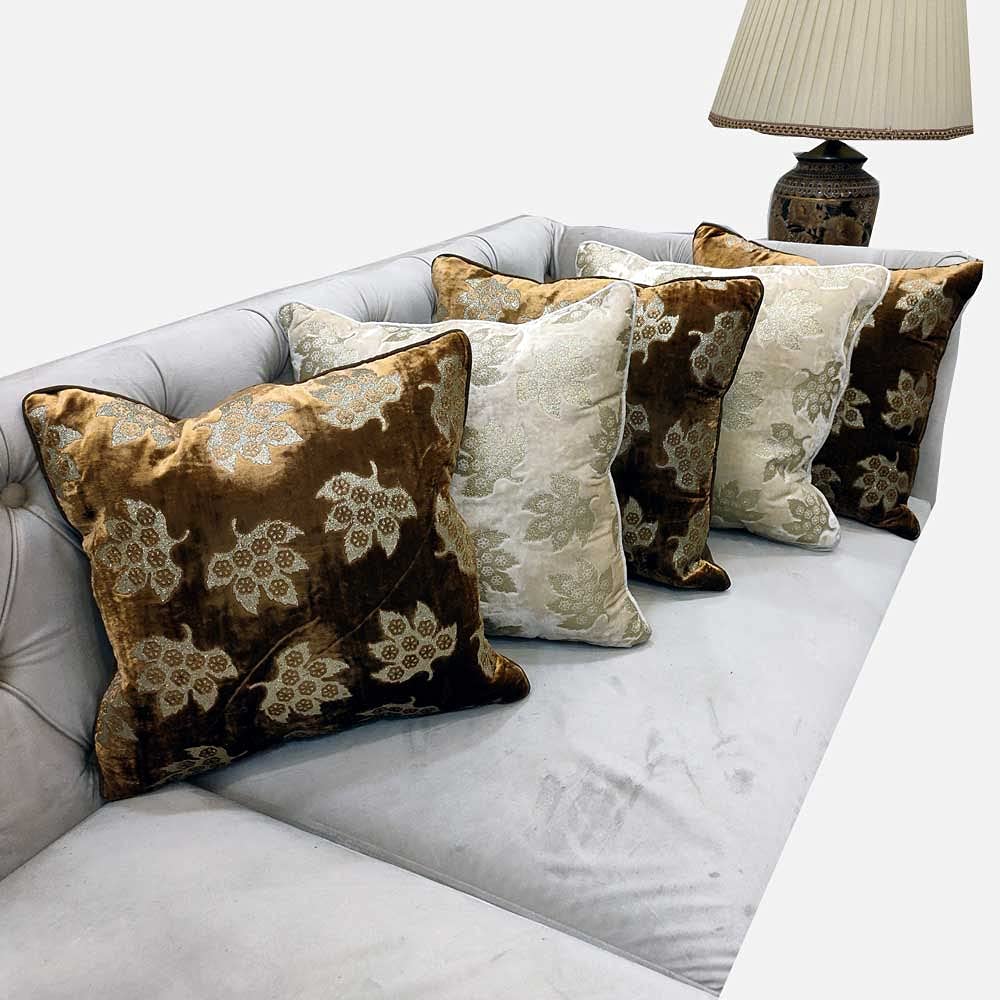 Brown Ivory Cushion Cover with Leaf Zari Embroidered Stitched Zippered Velvet Combo Cushion Cover (Off White ) | 16X16 Inches | 40cm * 40 cm I Set of 5