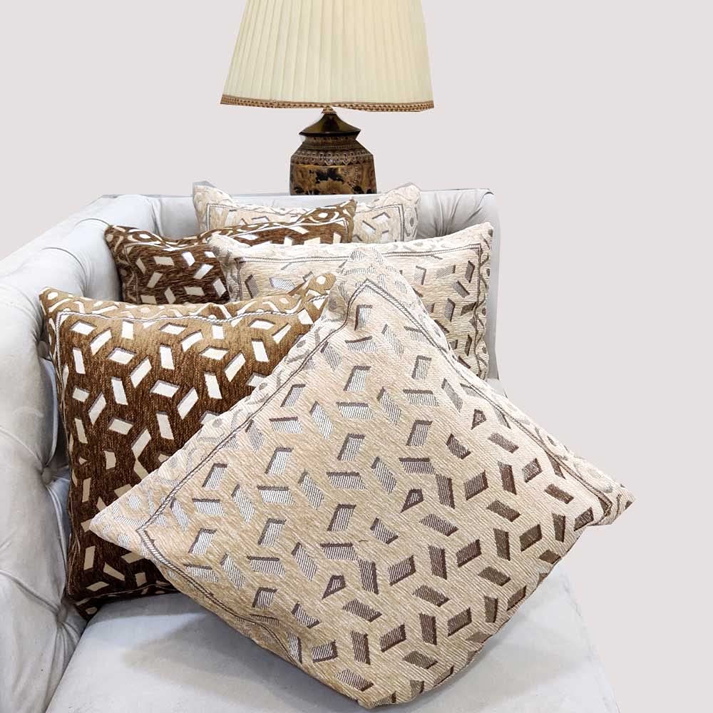 Beige Brown Combo Damask Geometric Woven Zipper Square Cushion Covers (16x16 inch or 40 x 40 cm) Set of 5