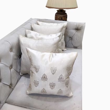 GOODVIBES Polyester Cream Silver Floral Foil Printed Combo Square Cushion Covers (40 cm*40cm, 16 x 16 inch) Pack of 5