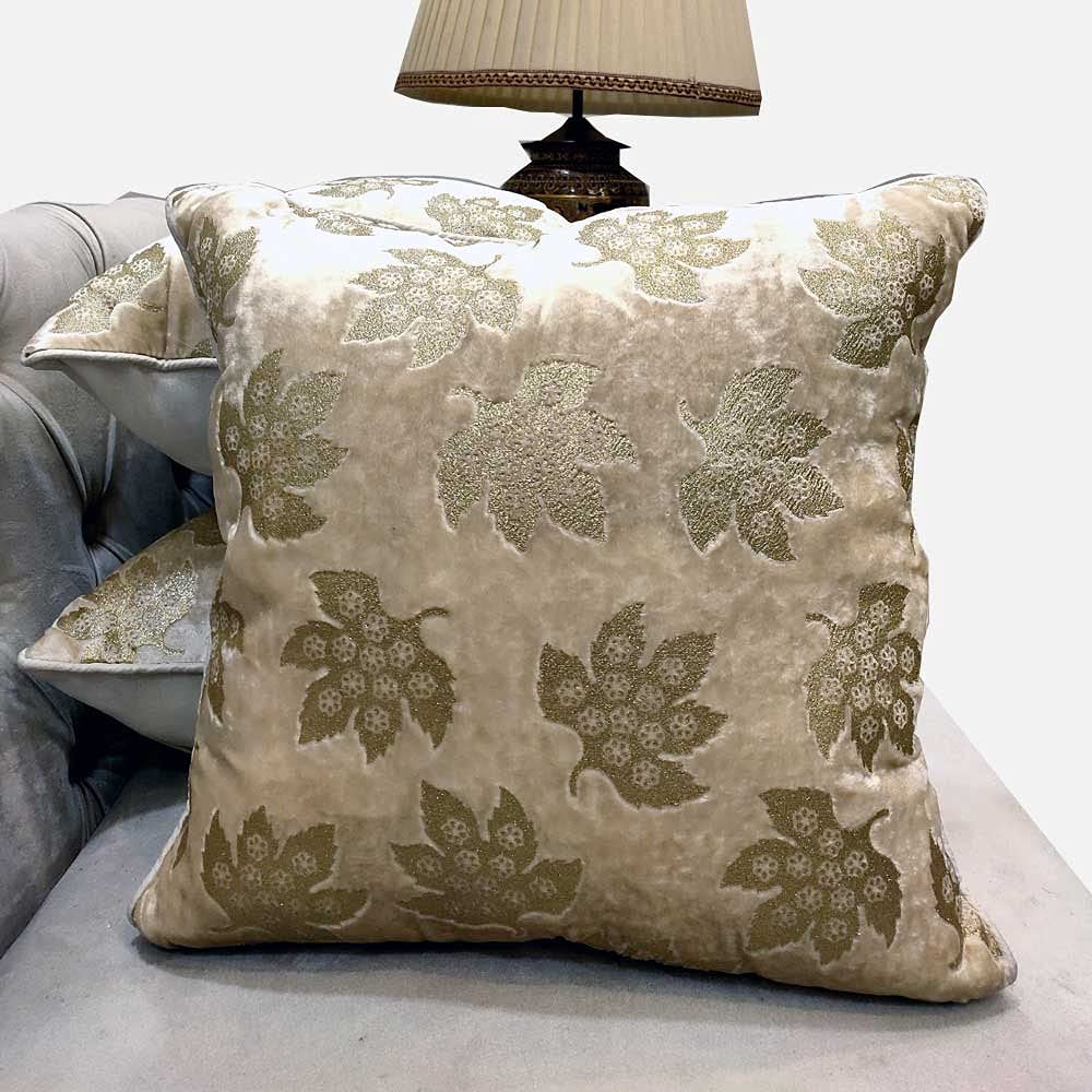 GOODVIBES Cream Ivory Cushion Cover with Leaf Embroidered Stitched Zippered Velvet Cushion Cover (Off White ) | 12X12 Inches | 30cm * 30 cm I Set of 3|