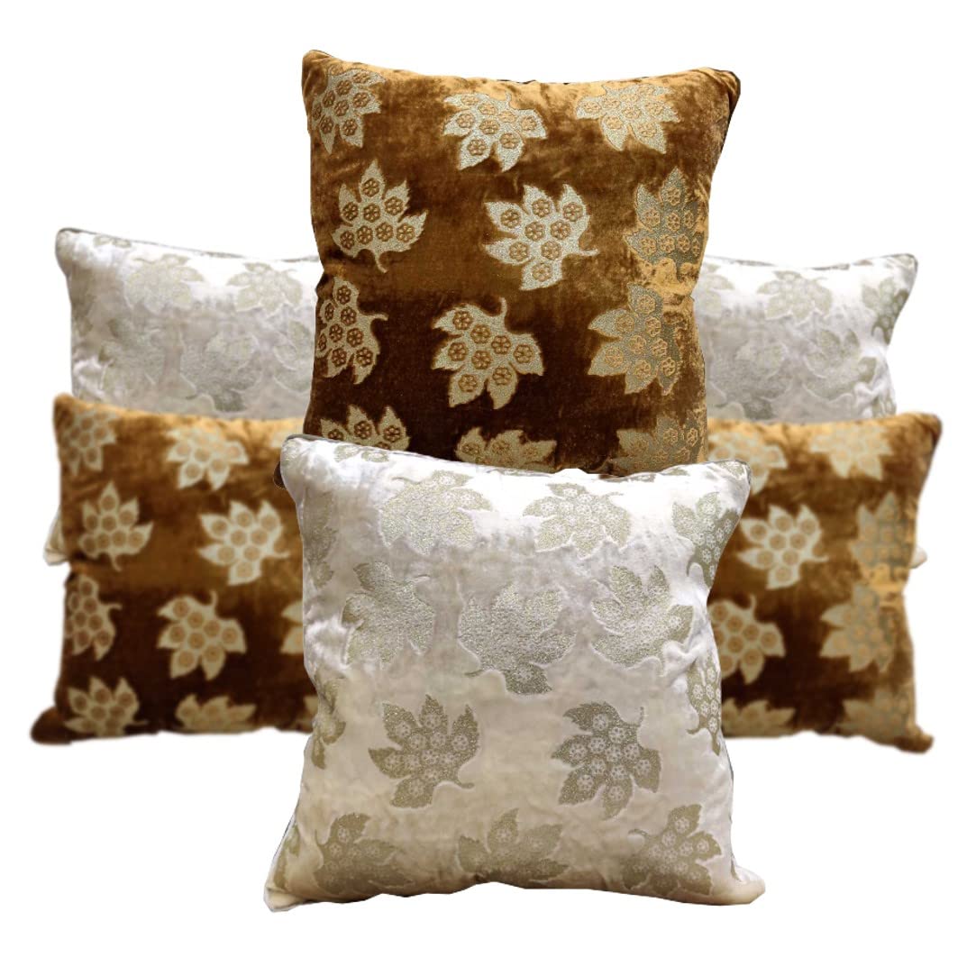 GOODVIBES Brown Ivory Cushion Cover with Leaf Embroidered Stitched Zippered Velvet Combo Cushion Cover (Off White ) | 24X24 Inches | 60cm * 60 cm I Set of 6|